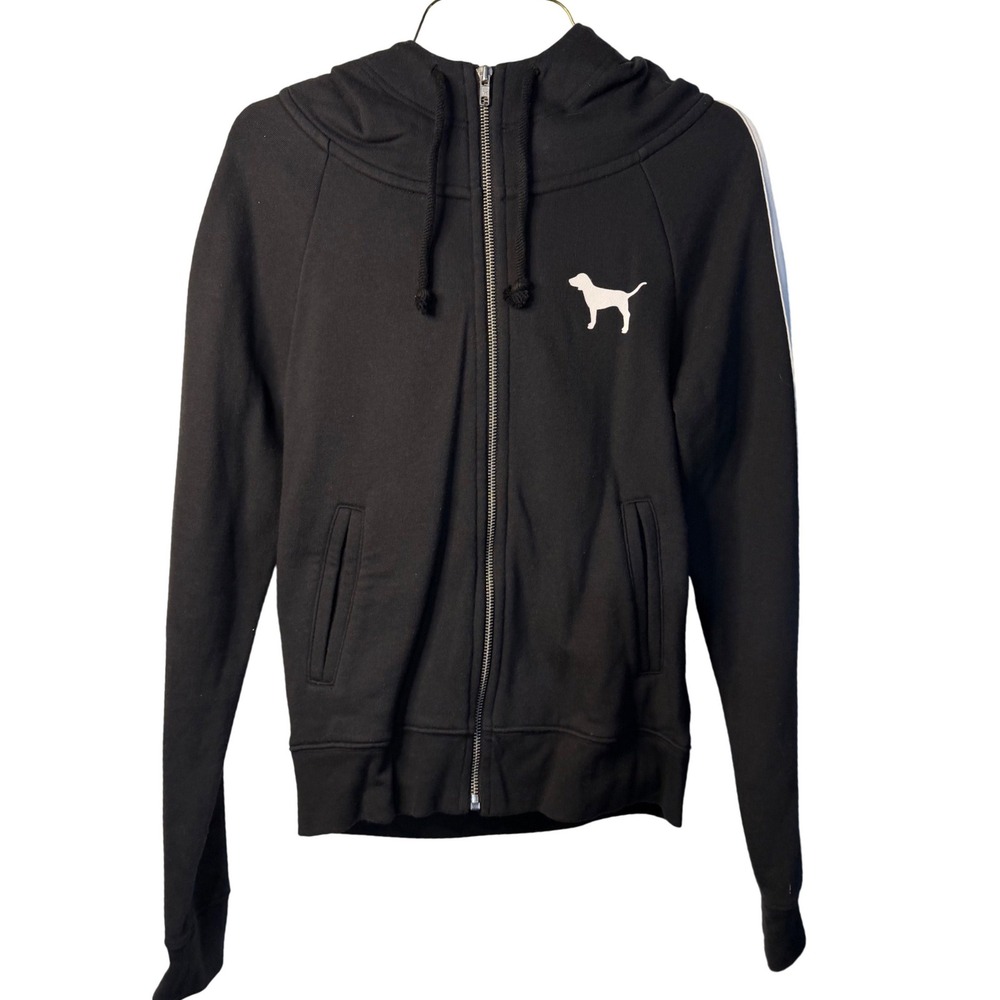 VTG PINK Victoria's Secret Hoodie Black Zip Up Y2K Athleisure Dog Logo XS Women
